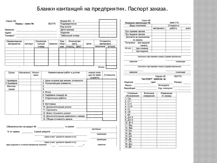 Бланки квитанций на предприятии. Паспорт заказа.