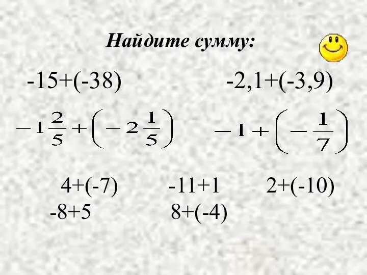 -15+(-38) -2,1+(-3,9) Найдите сумму: 4+(-7) -11+1 2+(-10) -8+5 8+(-4)