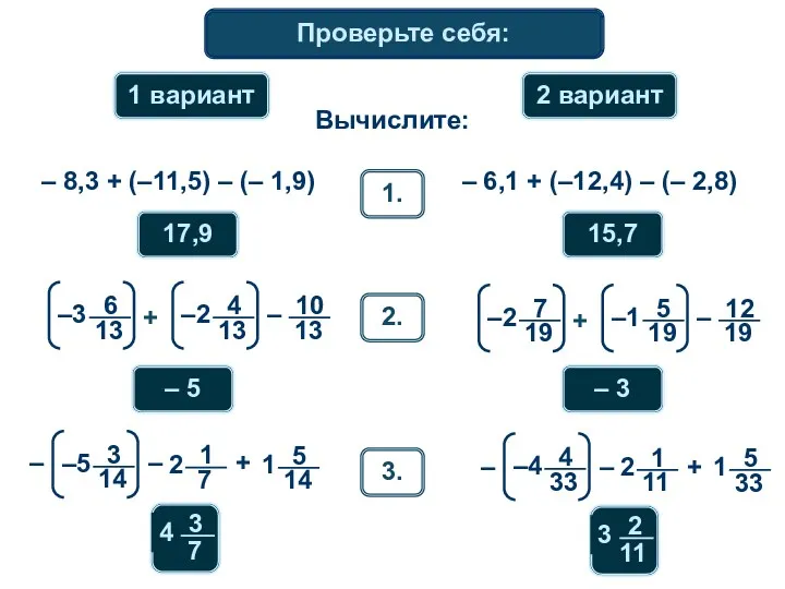 Математический диктант 17,9 Вычислите: 1 вариант 2 вариант – 8,3