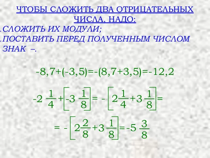 ЧТОБЫ СЛОЖИТЬ ДВА ОТРИЦАТЕЛЬНЫХ ЧИСЛА, НАДО: СЛОЖИТЬ ИХ МОДУЛИ; ПОСТАВИТЬ ПЕРЕД ПОЛУЧЕННЫМ ЧИСЛОМ