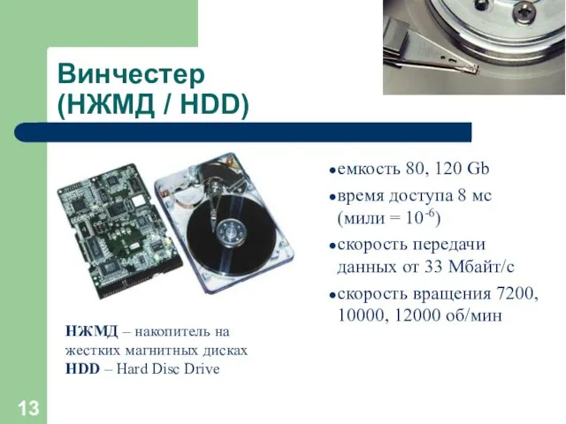 Винчестер (НЖМД / HDD) емкость 80, 120 Gb время доступа