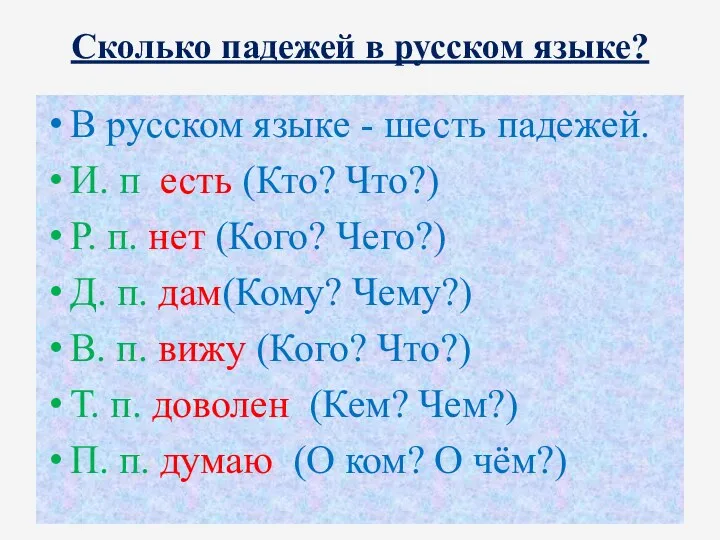 В русском языке - шесть падежей. И. п есть (Кто?
