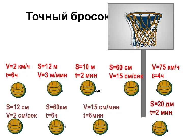 Точный бросок V=2 км/ч t=6ч S=12 м V=3 м/мин S=10