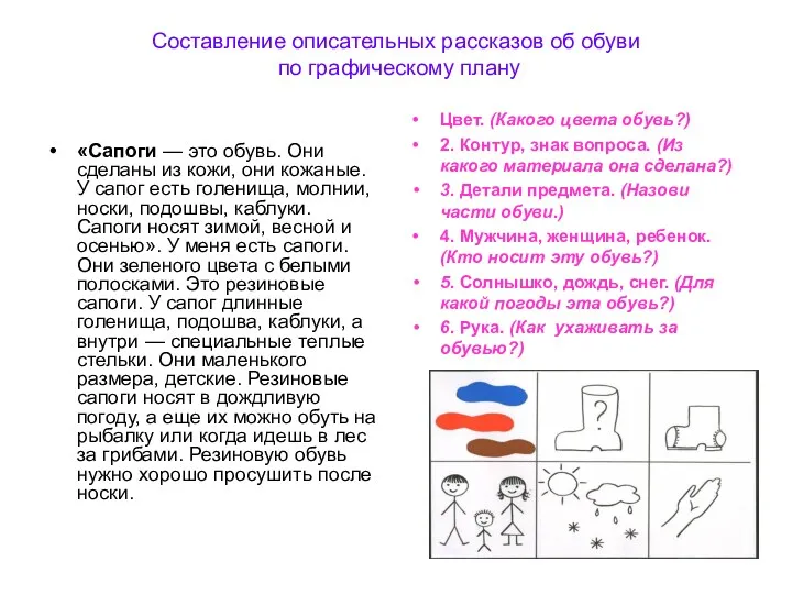 Составление описательных рассказов об обуви по графическому плану «Сапоги —