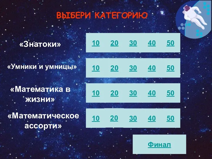 «Знатоки» «Умники и умницы» «Математика в жизни» «Математическое ассорти» 10