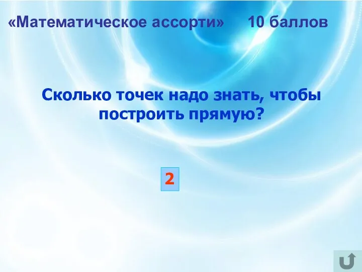 «Математическое ассорти» 10 баллов Сколько точек надо знать, чтобы построить прямую? 2