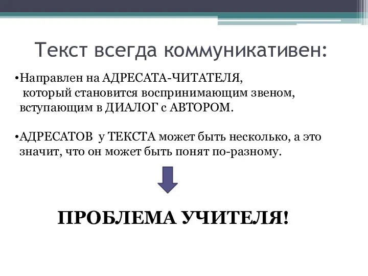 Текст всегда коммуникативен: Направлен на АДРЕСАТА-ЧИТАТЕЛЯ, который становится воспринимающим звеном,