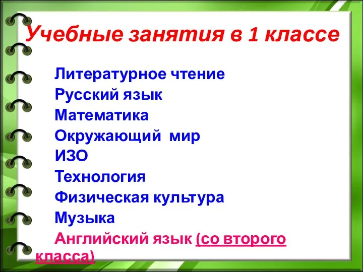 Учебные занятия в 1 классе Литературное чтение Русский язык Математика