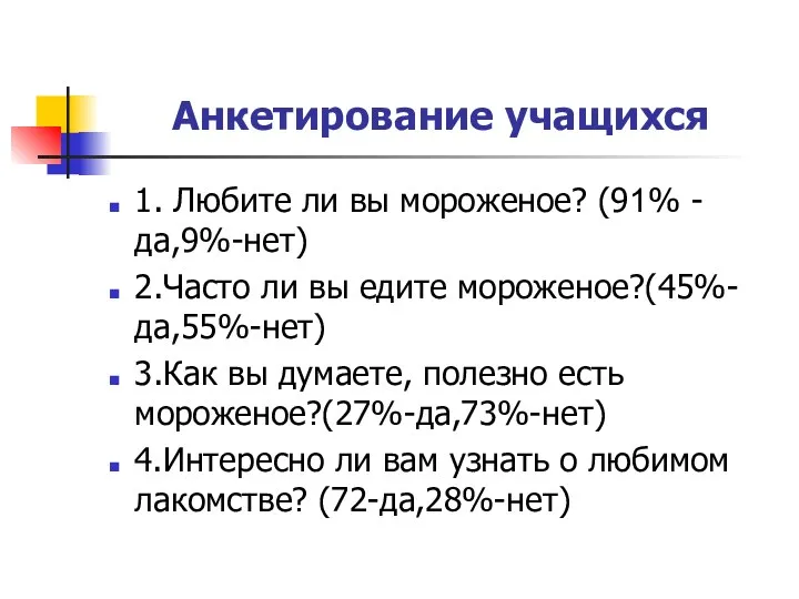 Анкетирование учащихся 1. Любите ли вы мороженое? (91% -да,9%-нет) 2.Часто