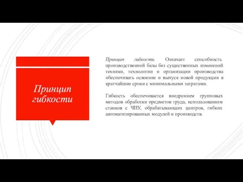 Принцип гибкости Принцип гибкости. Означает способность производственной базы без существенных изменений техники, технологии