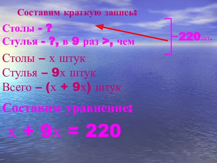 Столы - ? Стулья - ?, в 9 раз >, чем 220.шт. Составим