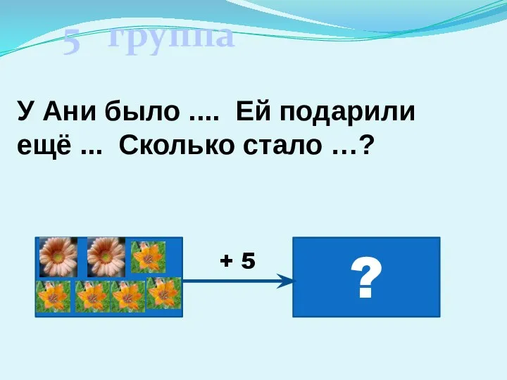 5 группа У Ани было .... Ей подарили ещё ... Сколько стало …? ? + 5