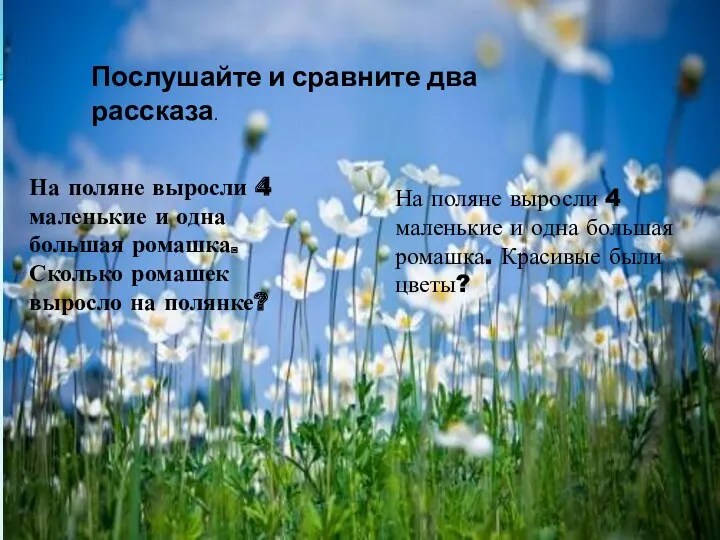 На поляне выросли 4 маленькие и одна большая ромашка. Сколько