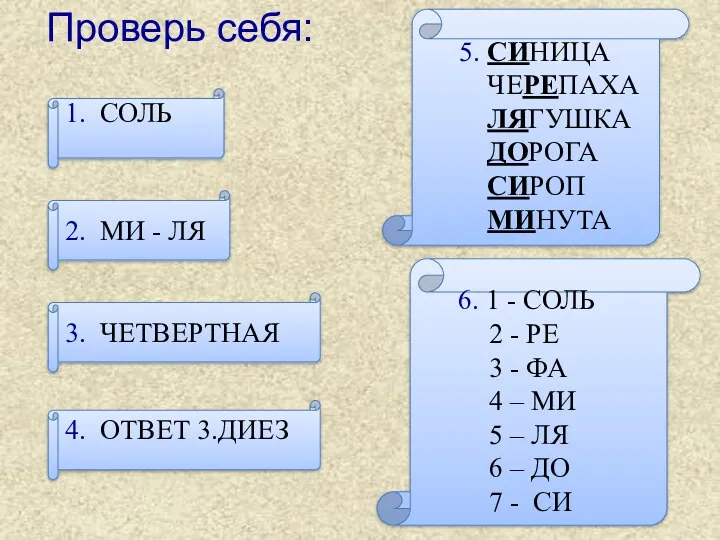 Проверь себя: 1. СОЛЬ 2. МИ - ЛЯ 3. ЧЕТВЕРТНАЯ