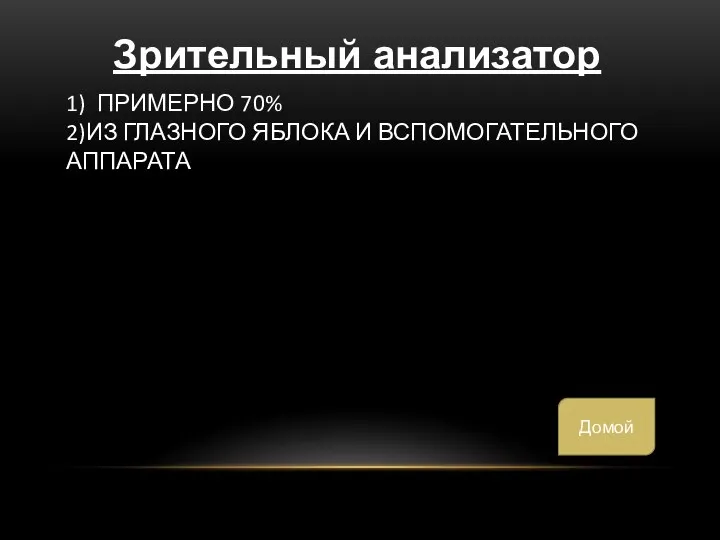 1) примерно 70% 2)из глазного яблока и вспомогательного аппарата Зрительный анализатор Домой