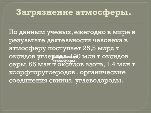 Загрязнение атмосферы. По данным ученых, ежегодно в мире в результате