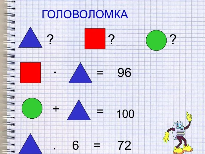 ГОЛОВОЛОМКА = 96 . + = 100 . 6 = 72 ? ? ?