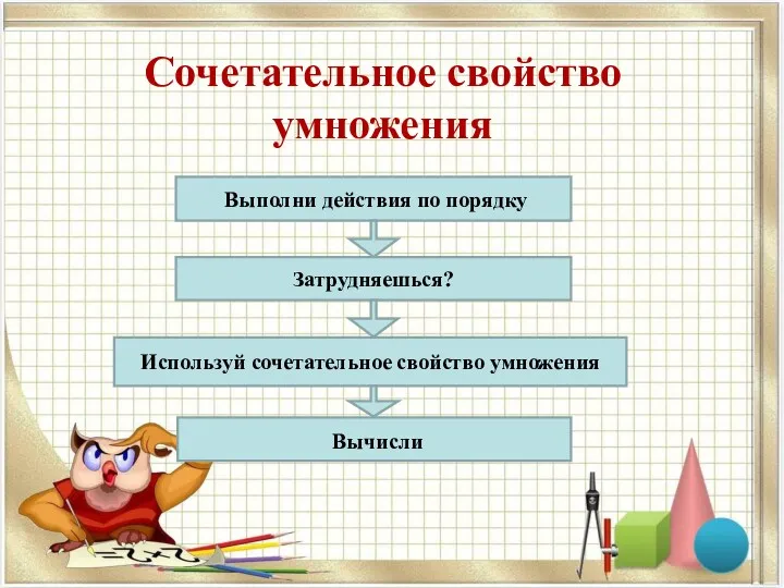 Сочетательное свойство умножения Выполни действия по порядку Затрудняешься? Используй сочетательное свойство умножения Вычисли