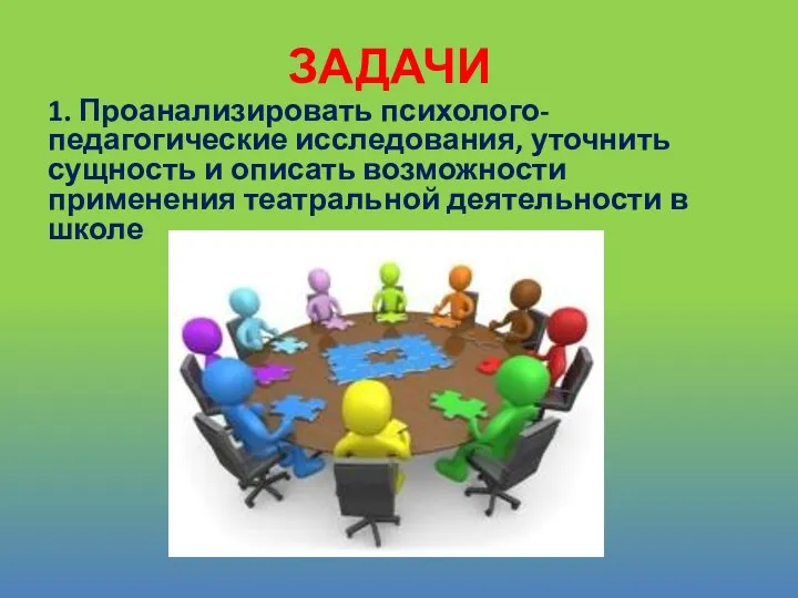 ЗАДАЧИ 1. Проанализировать психолого-педагогические исследования, уточнить сущность и описать возможности применения театральной деятельности в школе