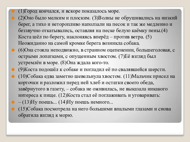 (1)Город кончался, и вскоре показалось море. (2)Оно было мелким и