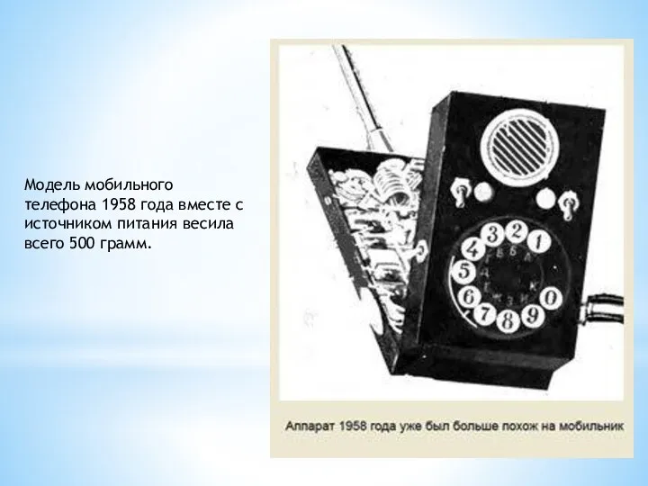 Модель мобильного телефона 1958 года вместе с источником питания весила всего 500 грамм.