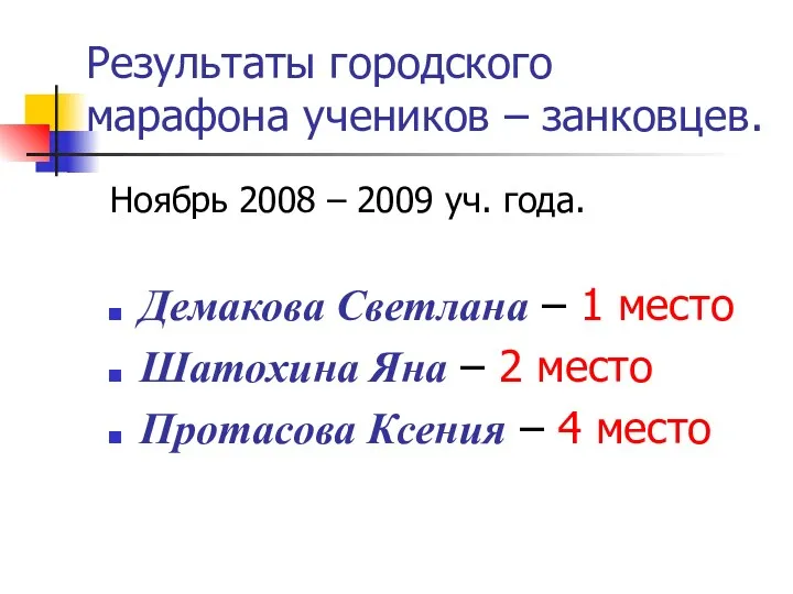 Результаты городского марафона учеников – занковцев. Ноябрь 2008 – 2009 уч. года. Демакова