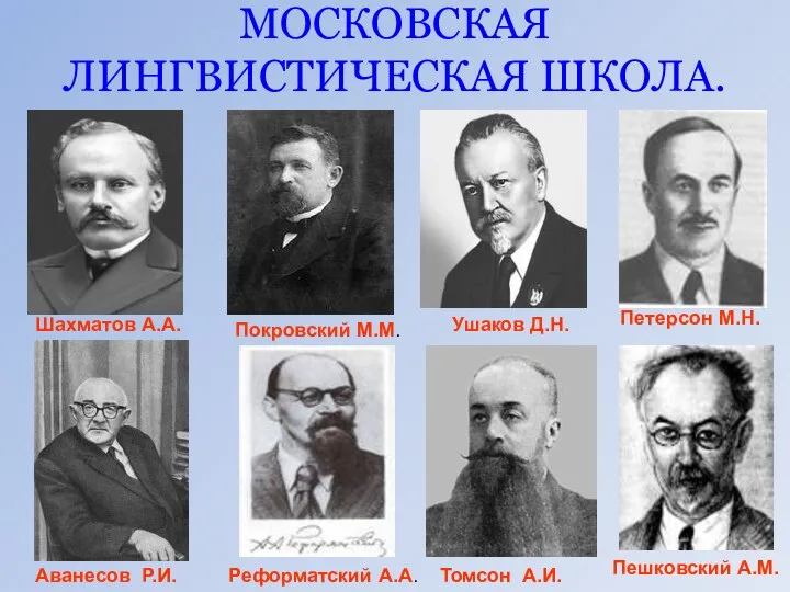 МОСКОВСКАЯ ЛИНГВИСТИЧЕСКАЯ ШКОЛА. Шахматов А.А. Покровский М.М. Ушаков Д.Н. Петерсон