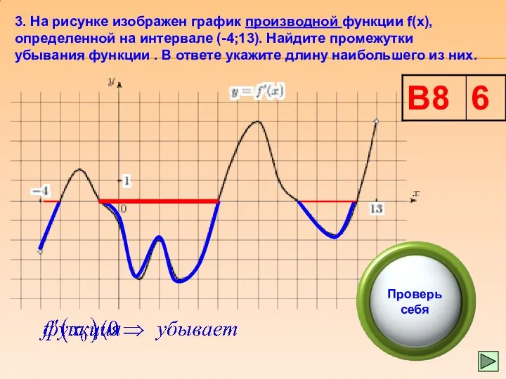 3. На рисунке изображен график производной функции f(x), определенной на интервале (-4;13). Найдите