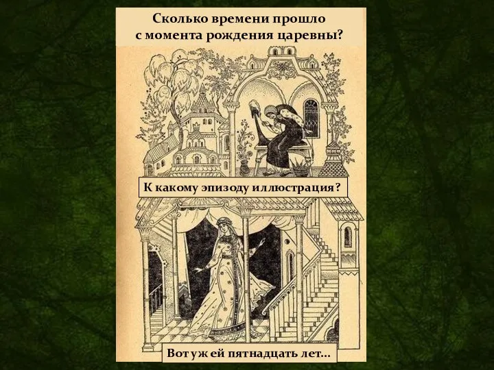 Сколько времени прошло с момента рождения царевны? Вот уж ей пятнадцать лет... К какому эпизоду иллюстрация?