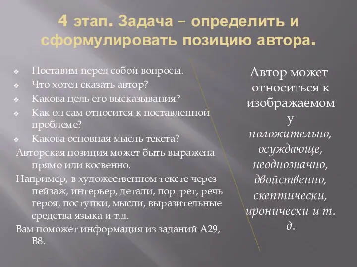 4 этап. Задача – определить и сформулировать позицию автора. Поставим