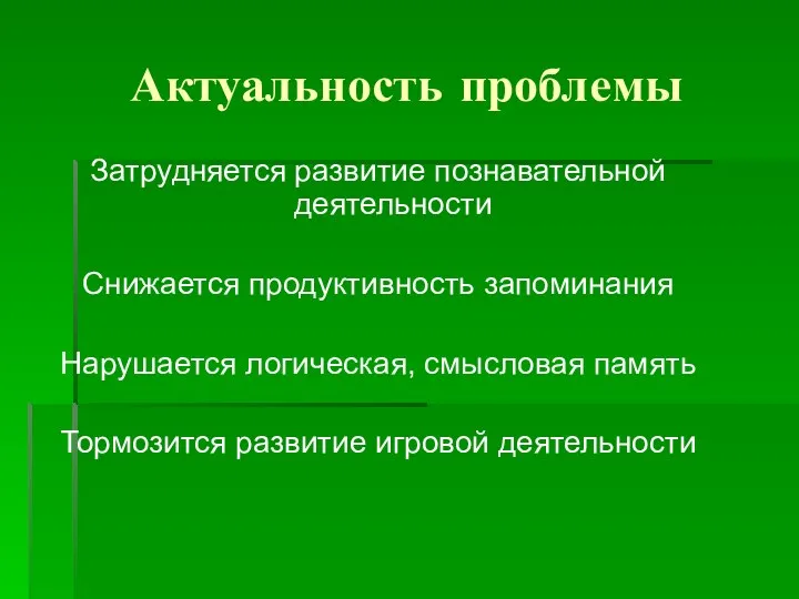 Актуальность проблемы Затрудняется развитие познавательной деятельности Снижается продуктивность запоминания Нарушается