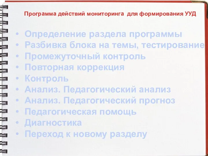 Программа действий мониторинга для формирования УУД Определение раздела программы Разбивка