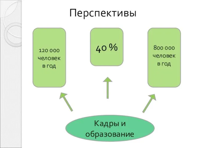 Перспективы Кадры и образование 120 000 человек в год 40 % 800 000 человек в год