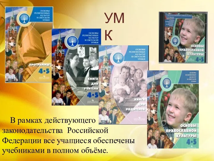 УМК В рамках действующего законодательства Российской Федерации все учащиеся обеспечены учебниками в полном объёме.