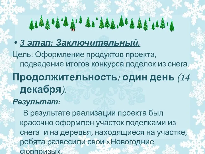 3 этап: Заключительный. Цель: Оформление продуктов проекта, подведение итогов конкурса