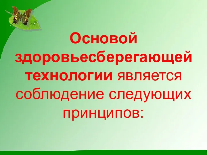 Основой здоровьесберегающей технологии является соблюдение следующих принципов: