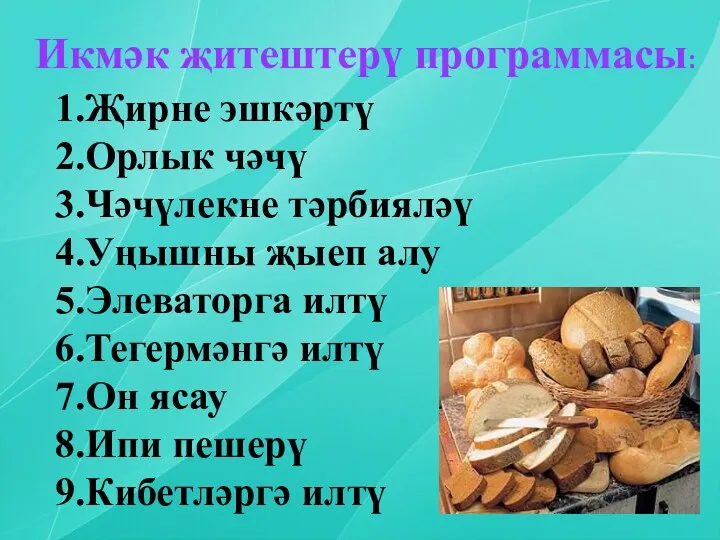 Икмәк җитештерү программасы: 1.Җирне эшкәртү 2.Орлык чәчү 3.Чәчүлекне тәрбияләү 4.Уңышны