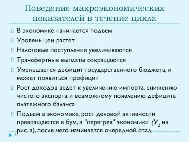 Поведение макроэкономических показателей в течение цикла В экономике начинается подъем