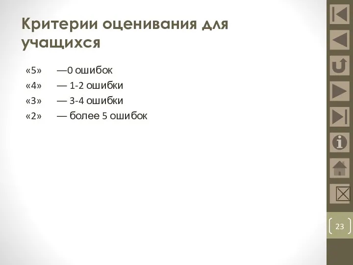 Критерии оценивания для учащихся «5» ―0 ошибок «4» ― 1-2