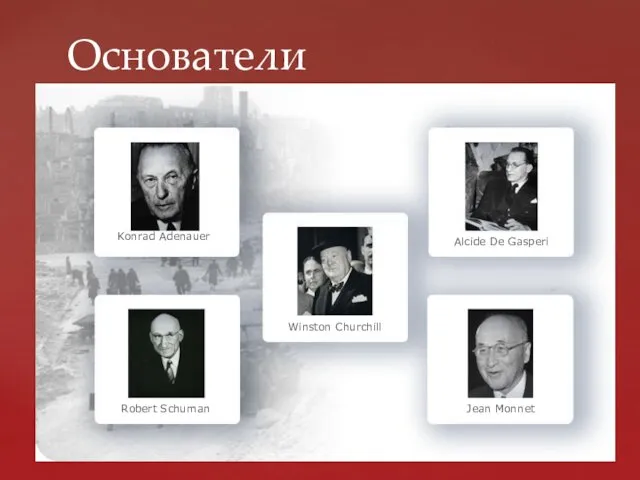 Основатели Konrad Adenauer Winston Churchill Robert Schuman Alcide De Gasperi Jean Monnet