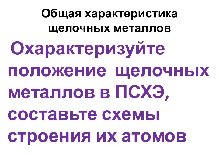 Общая характеристика щелочных металлов Охарактеризуйте положение щелочных металлов в ПСХЭ, составьте схемы строения их атомов