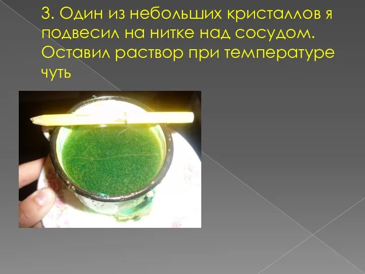 3. Один из небольших кристаллов я подвесил на нитке над сосудом. Оставил раствор при температуре чуть