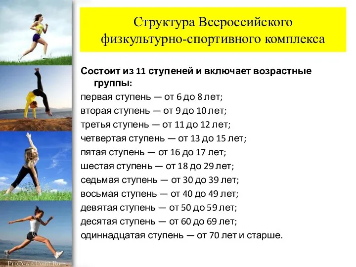 Структура Всероссийского физкультурно-спортивного комплекса Состоит из 11 ступеней и включает