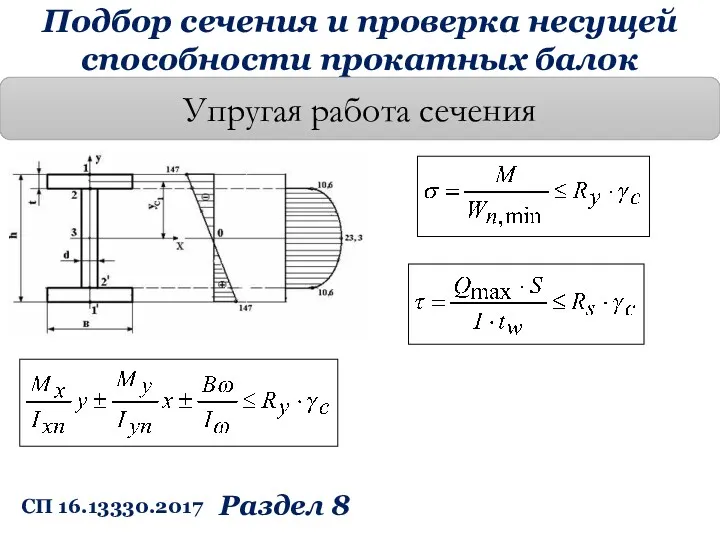 Подбор сечения и проверка несущей способности прокатных балок Упругая работа сечения СП 16.13330.2017 Раздел 8