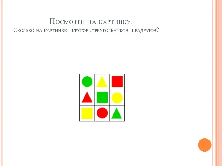 Посмотри на картинку. Сколько на картинке кругов ,треугольников, квадратов?