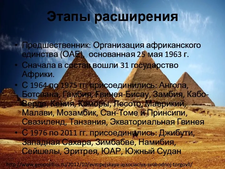 Этапы расширения Предшественник: Организация африканского единства (ОАЕ), основанная 25 мая