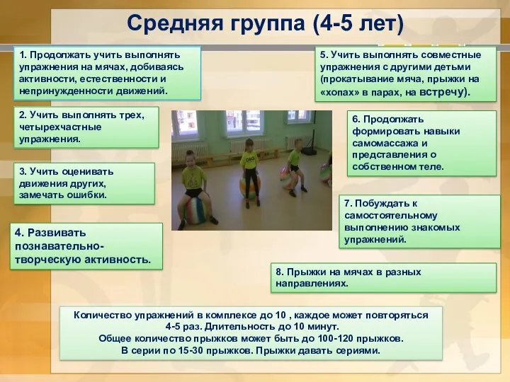 Средняя группа (4-5 лет) 1. Продолжать учить выполнять упражнения на мячах, добиваясь активности,