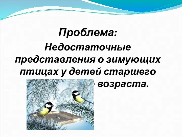 Проблема: Недостаточные представления о зимующих птицах у детей старшего дошкольного возраста.