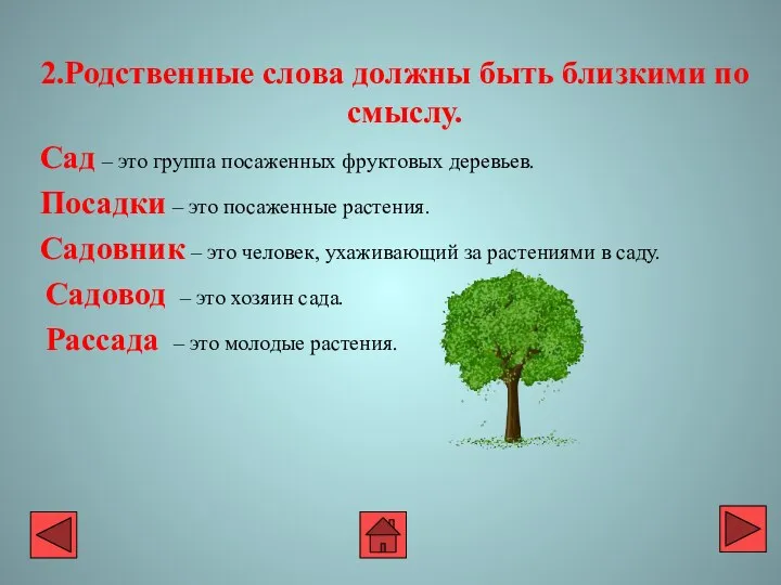 2.Родственные слова должны быть близкими по смыслу. Сад – это