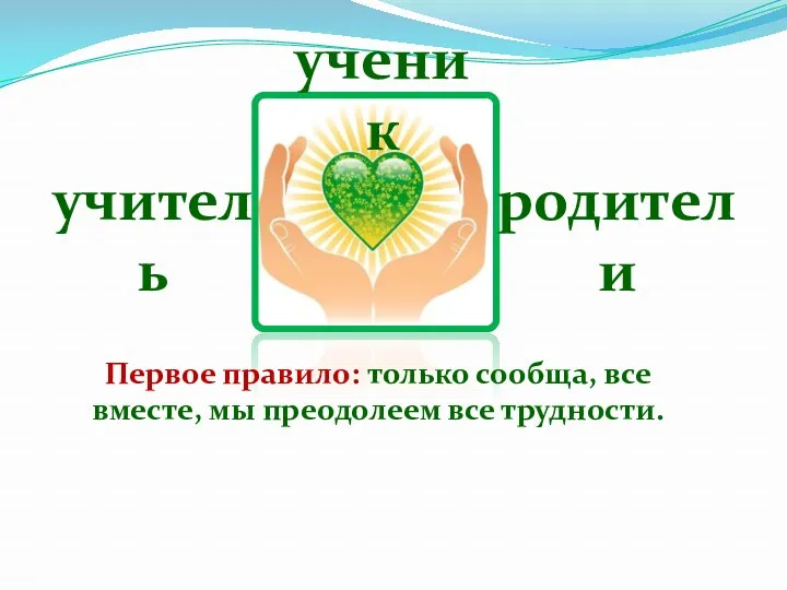 ученик родители учитель Первое правило: только сообща, все вместе, мы преодолеем все трудности.